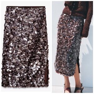 Zara Sequin Midi Skirt in Silver and Brown